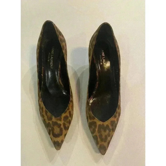 YSL Yves Saint Laurent Leopard Kitten Heels Pumps 36.5 6.5 Charlotte Black Tan - Picture 4 of 13